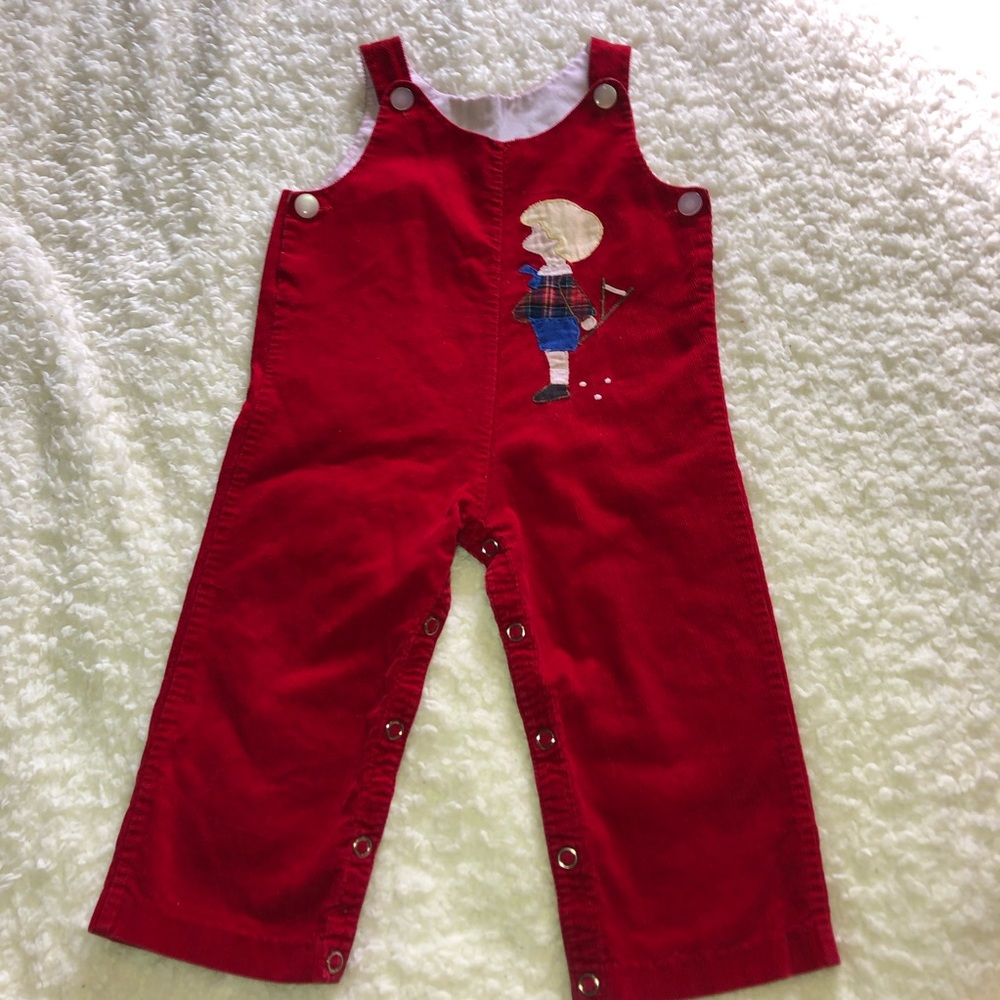 Vintage Red Kids Corduroy Overalls with Embroidered Design